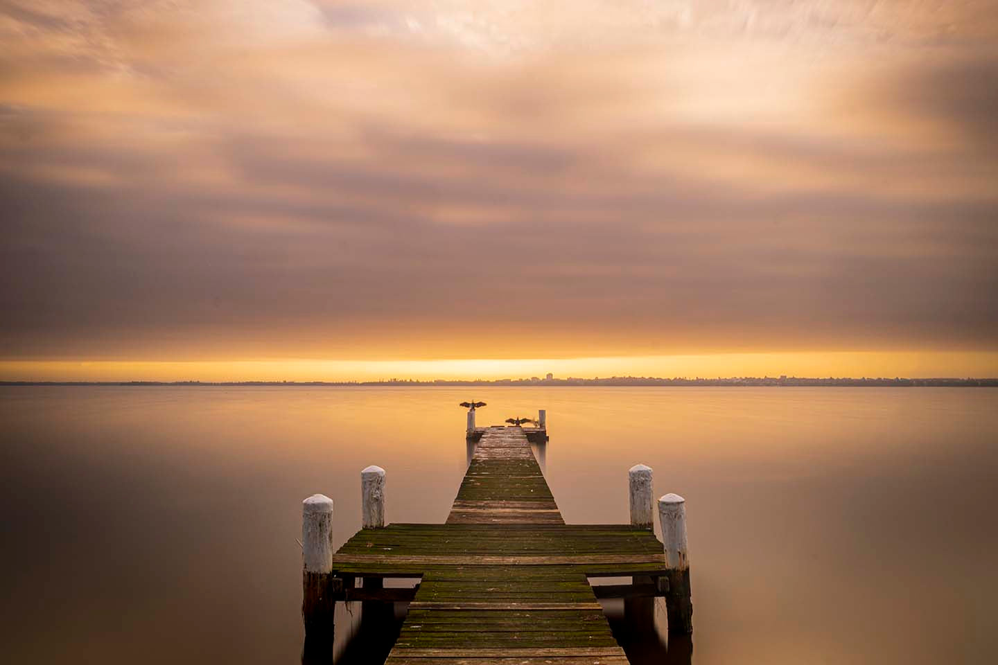 Wooden dock extending into a calm body of water with a golden sunset sky.