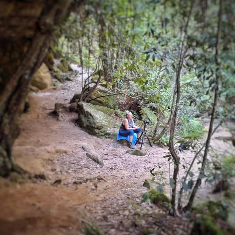Person sitting on a forest path with camera equipment, surrounded by greenery.
