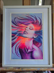 Breaking The Surface by Bianca Debartolo — acrylic and charcoal portrait in pink, purple and blue, presented in a white frame.