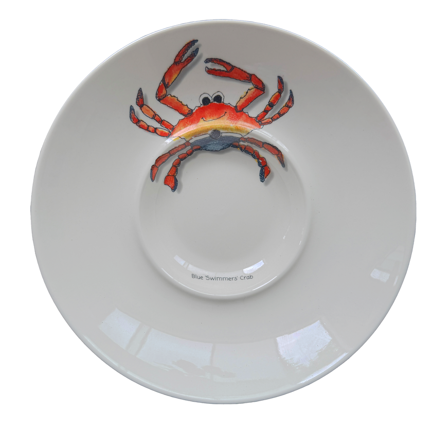 White bowl with a blue swimmer crab design