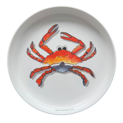 White ceramic bowl with a blue swimmer crab design