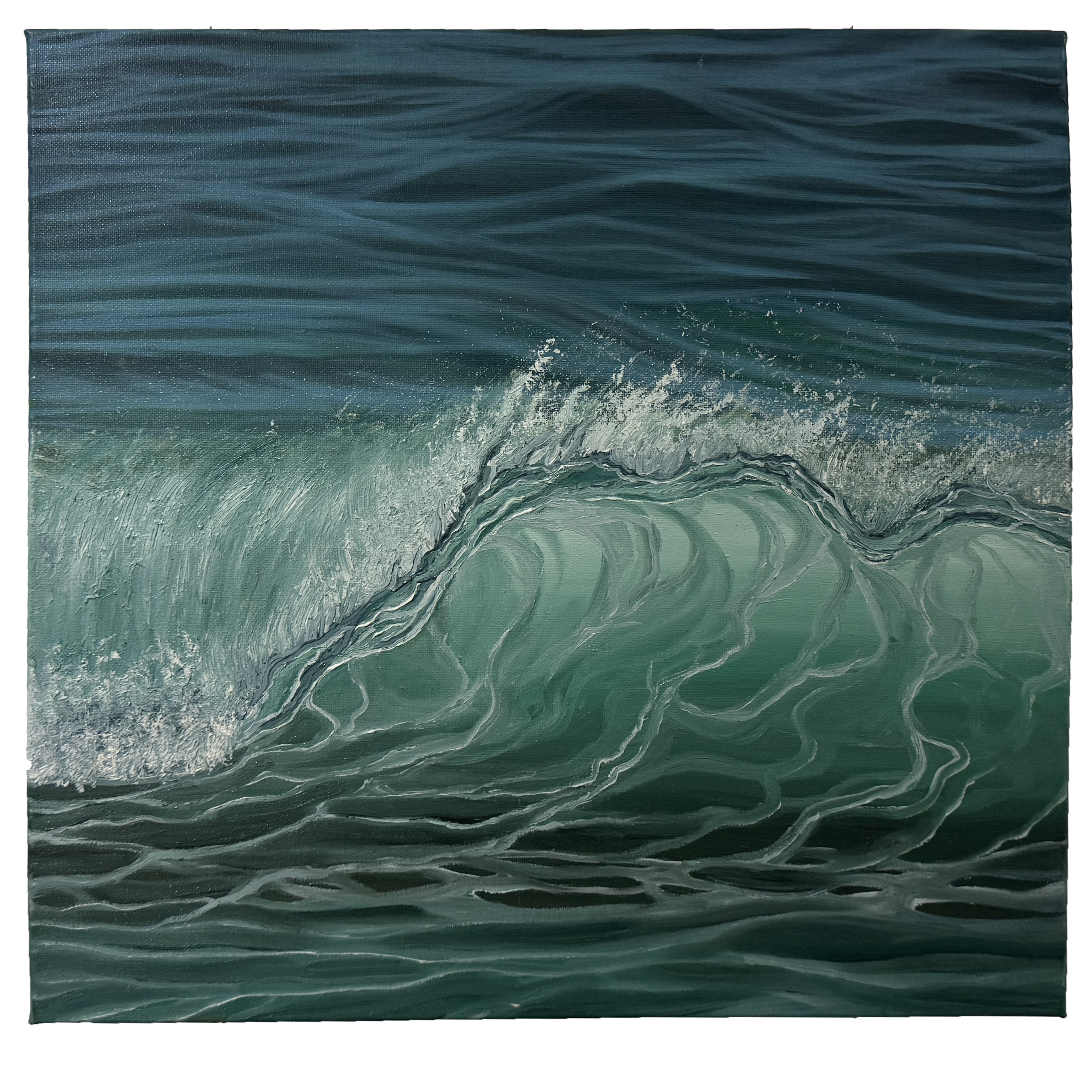 Oil painting of breaking green ocean wave with close-up view of water texture.