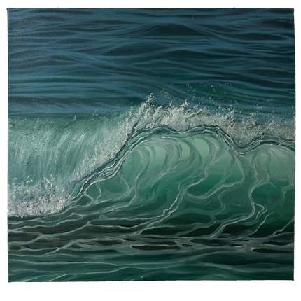 Oil painting of breaking green ocean wave with close-up view of water texture.