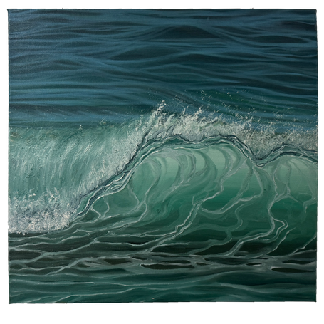 Oil painting of breaking green ocean wave with close-up view of water texture.
