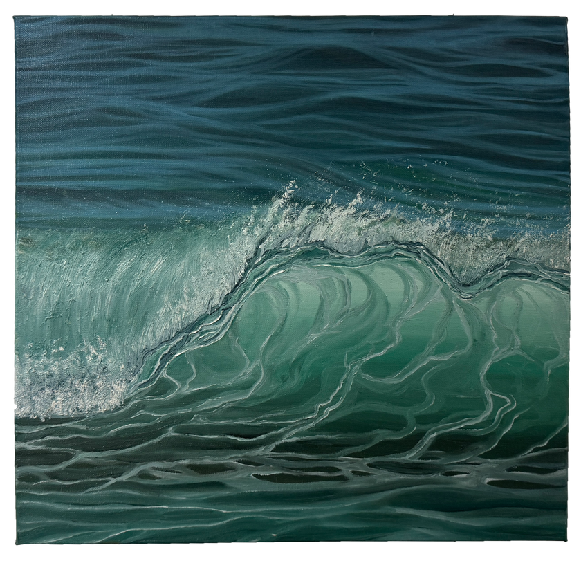 Oil painting of breaking green ocean wave with close-up view of water texture.