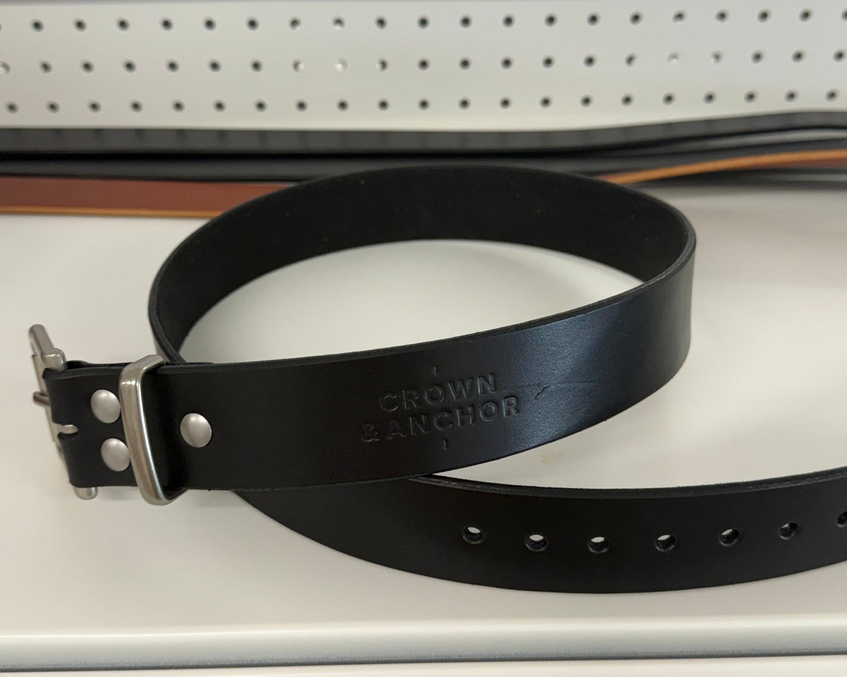 Crown & Anchor Leather black leather belt with brushed nickel hardware