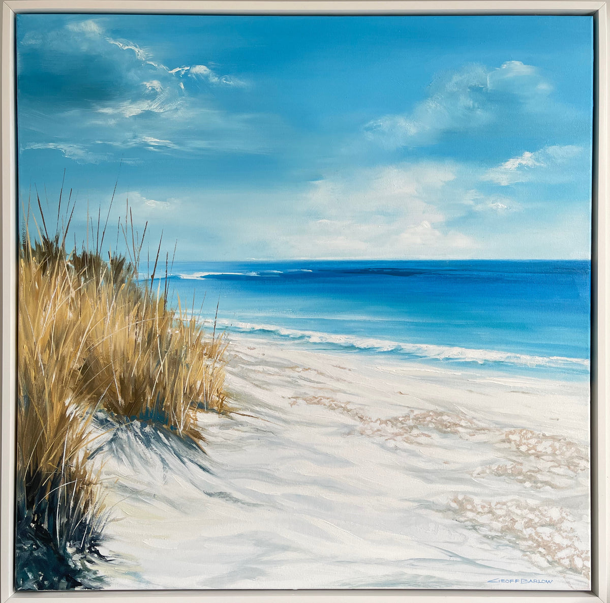 Sun Bleached by Geoff Barlow — framed oil painting of sunlit sand, dune grasses and blue ocean