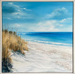 Sun Bleached by Geoff Barlow — framed oil painting of sunlit sand, dune grasses and blue ocean