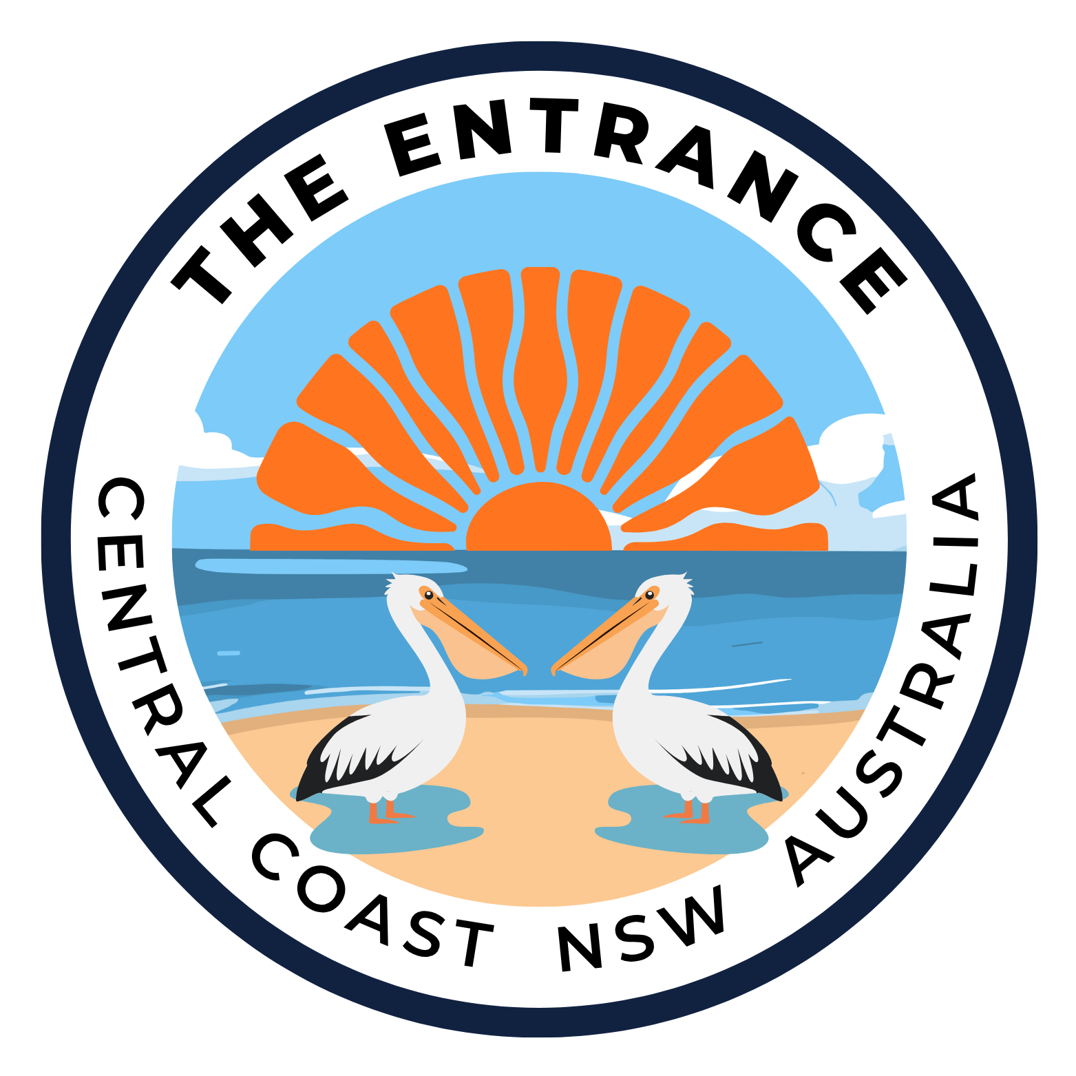Logo of The Entrance, Central Coast, NSW, Australia with pelicans and a sun.