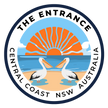 Logo of The Entrance, Central Coast, NSW, Australia with pelicans and a sun.