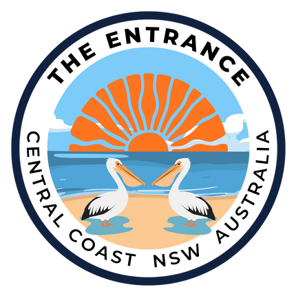 Logo of The Entrance, Central Coast, NSW, Australia with pelicans and a sun.