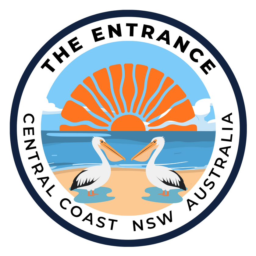 Logo of The Entrance, Central Coast, NSW, Australia with pelicans and a sun.