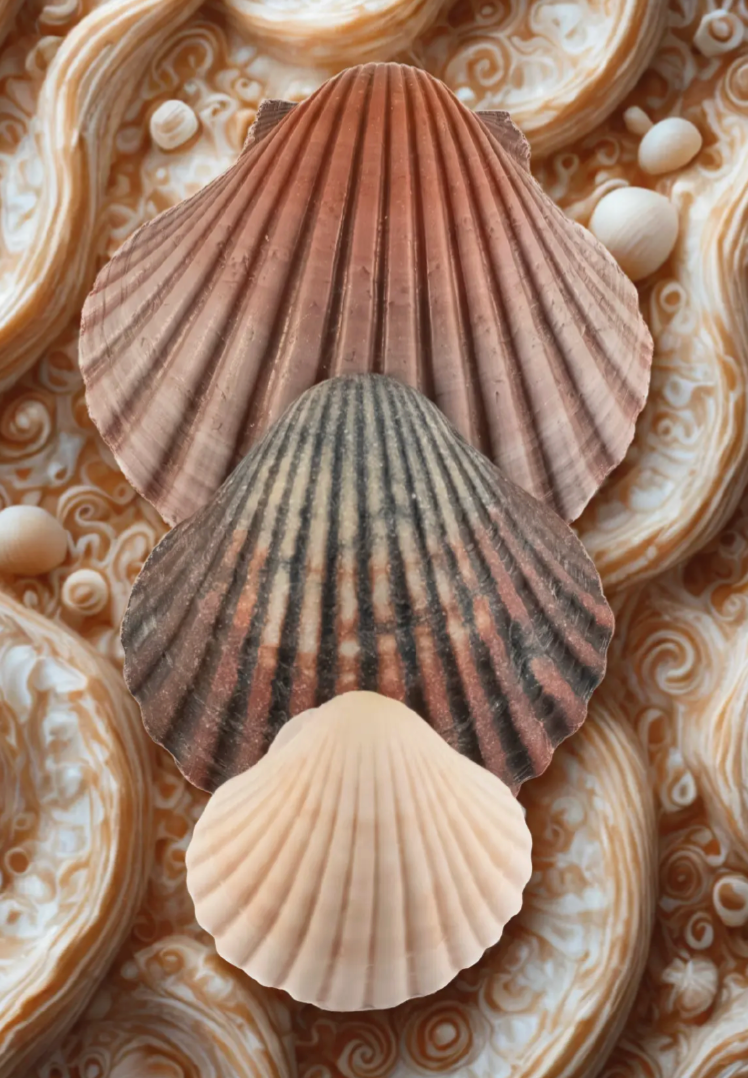 Close-up of three overlapping seashells on a textured background