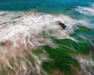 Abstract photo of ocean waves with, rocks, white foam, green seaweed and turquoise water