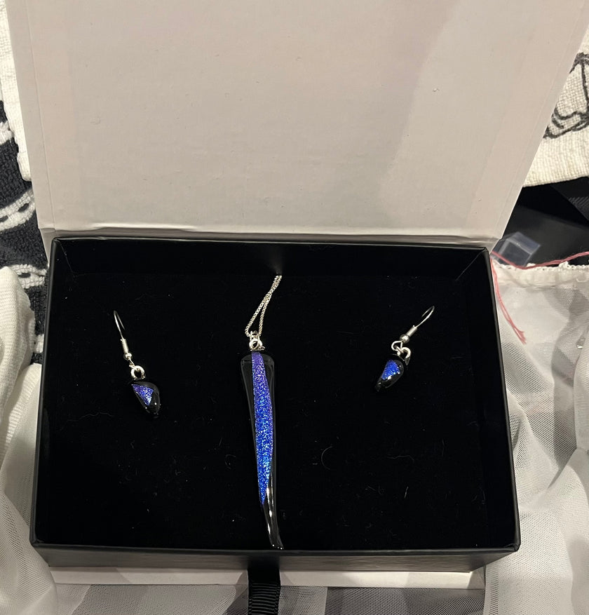 Boxed dichroic glass earring and pendant sets by Cherie Platen