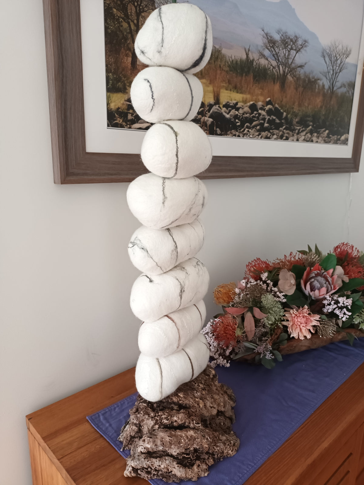 White stone stack — wool felt sculpture by Karen Jane Williams