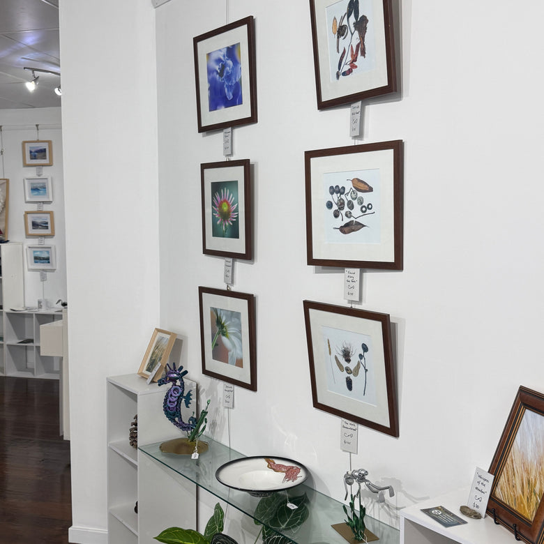 Gallery wall with framed pictures and a glass shelf displaying decorative items.