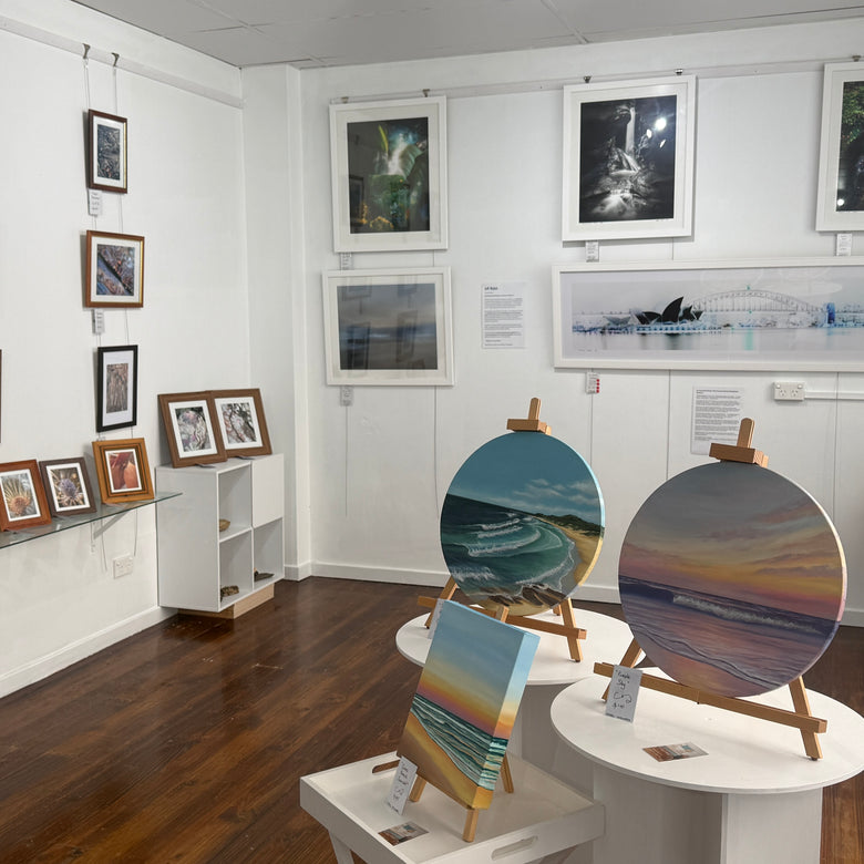 Art gallery with various photographs and paintings on the walls and displayed on easels.