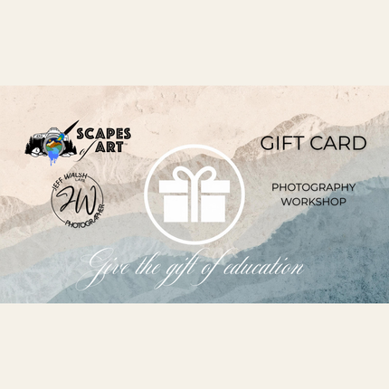 Gift card for a photography workshop with mountain landscape design with 'Scapes of Art' and 'Jeff Walsh Photographer' branding.