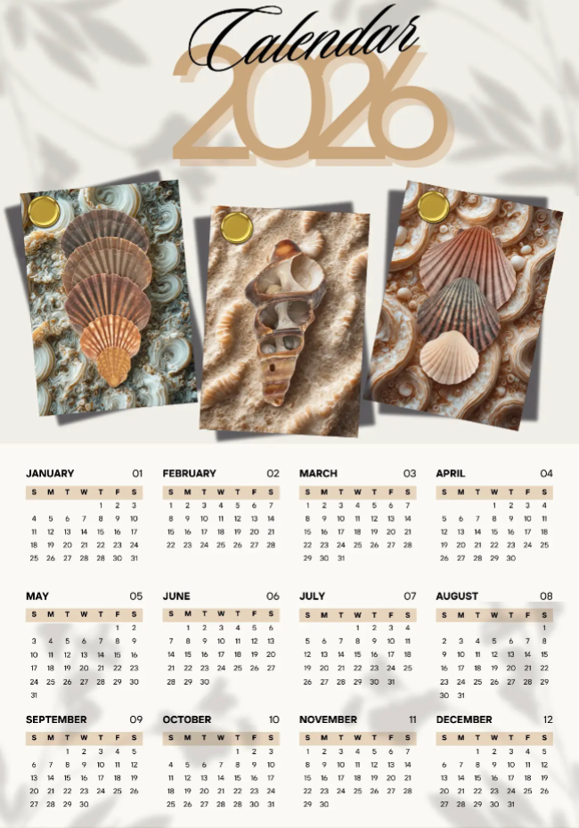 Year calendar for 2026 with shell designs on a textured background