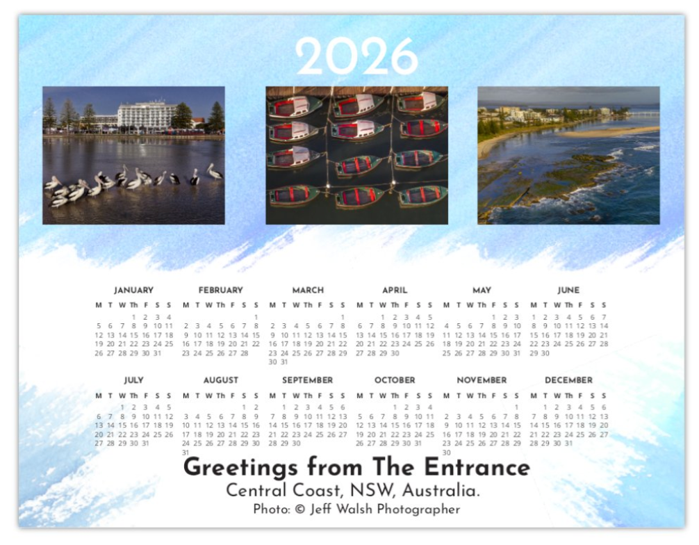 Year calendar for 2026 with scenic images of a coastal area and boats with text 'Greetings from The Entrance