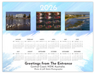 Year calendar for 2026 with scenic images of a coastal area and boats with text 'Greetings from The Entrance