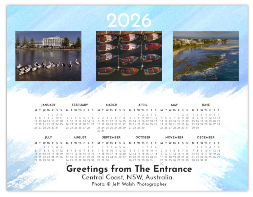 Year calendar for 2026 with scenic images of a coastal area and boats with text 'Greetings from The Entrance