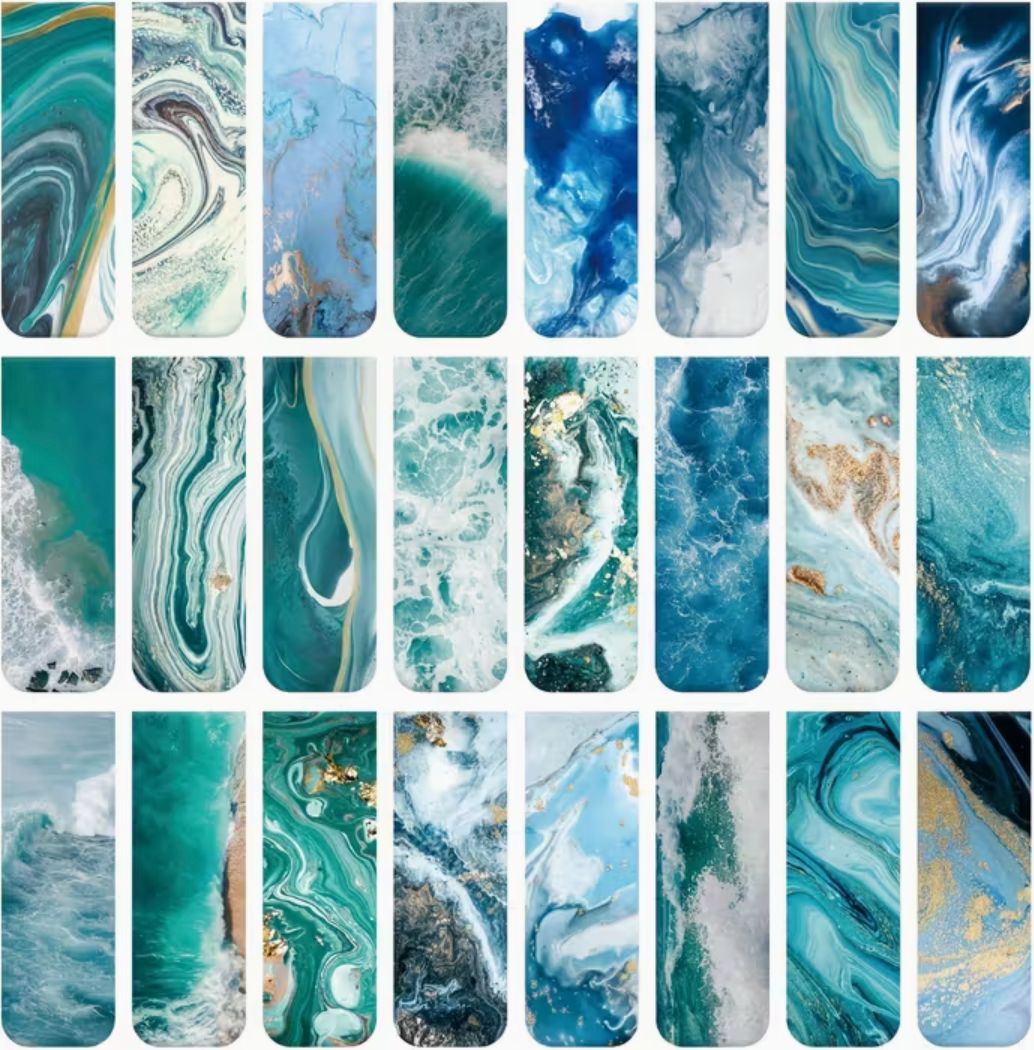 Collection of magnetic bookmarks with ocean-themed marbled art designs in various shades of blue, green, and gold.