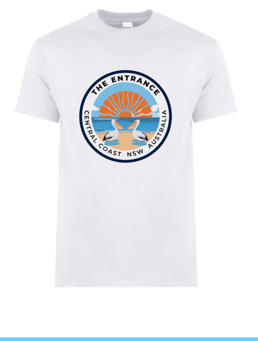White t-shirt with a circular logo The Entrance Central Coast NSW with two pelicans and a sunrise over the ocean