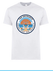White t-shirt with a circular logo The Entrance Central Coast NSW with two pelicans and a sunrise over the ocean