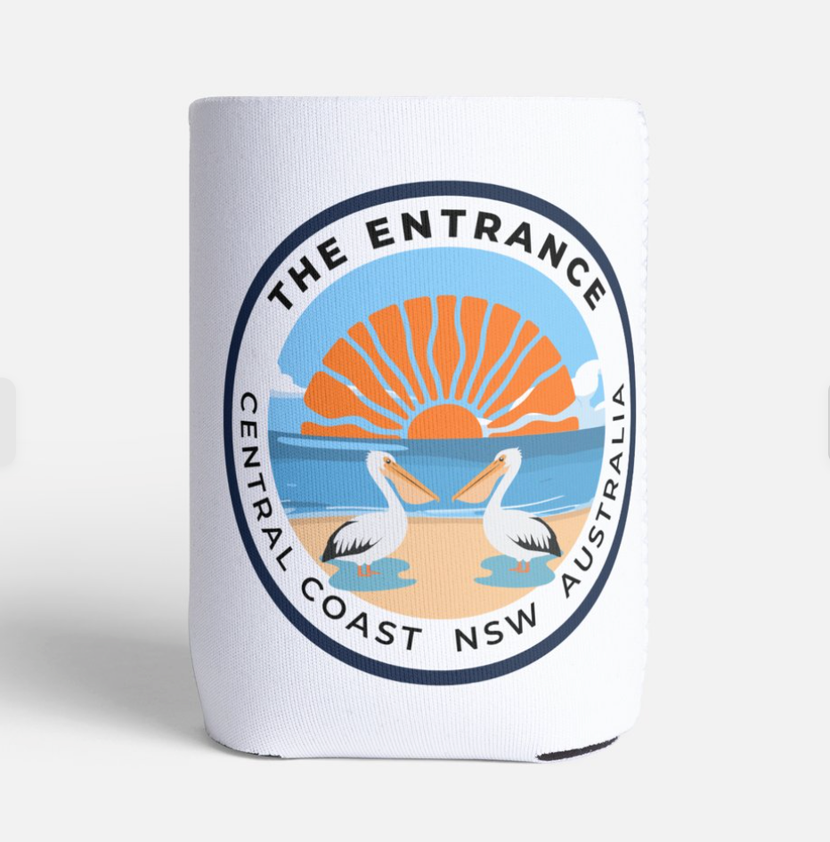 White stubby holder with 'The Entrance, Central Coast NSW Australia' logo featuring pelicans and a sun.
