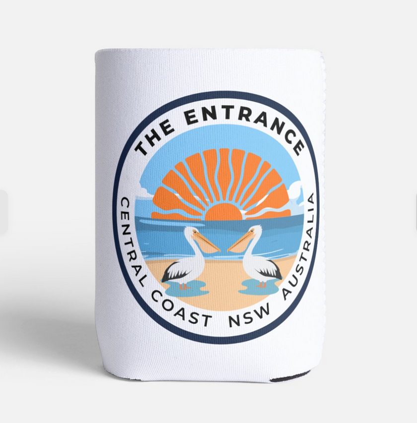 White stubby holder with 'The Entrance, Central Coast NSW Australia' logo featuring pelicans and a sun.