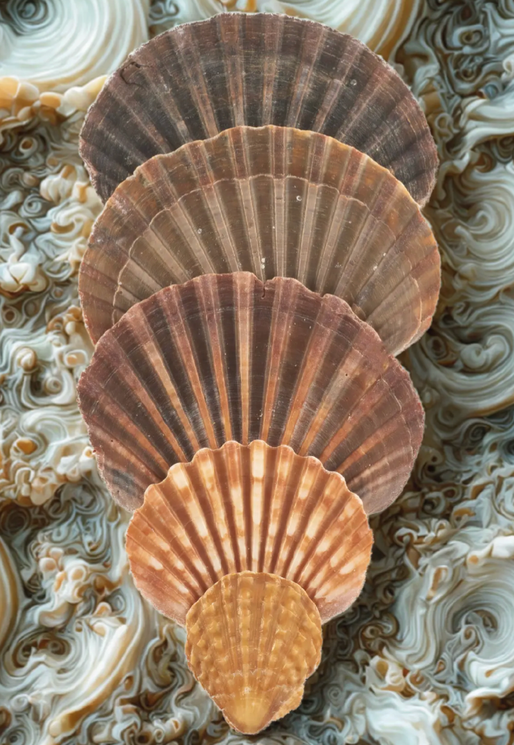Close-up of scallop shells on a textured background