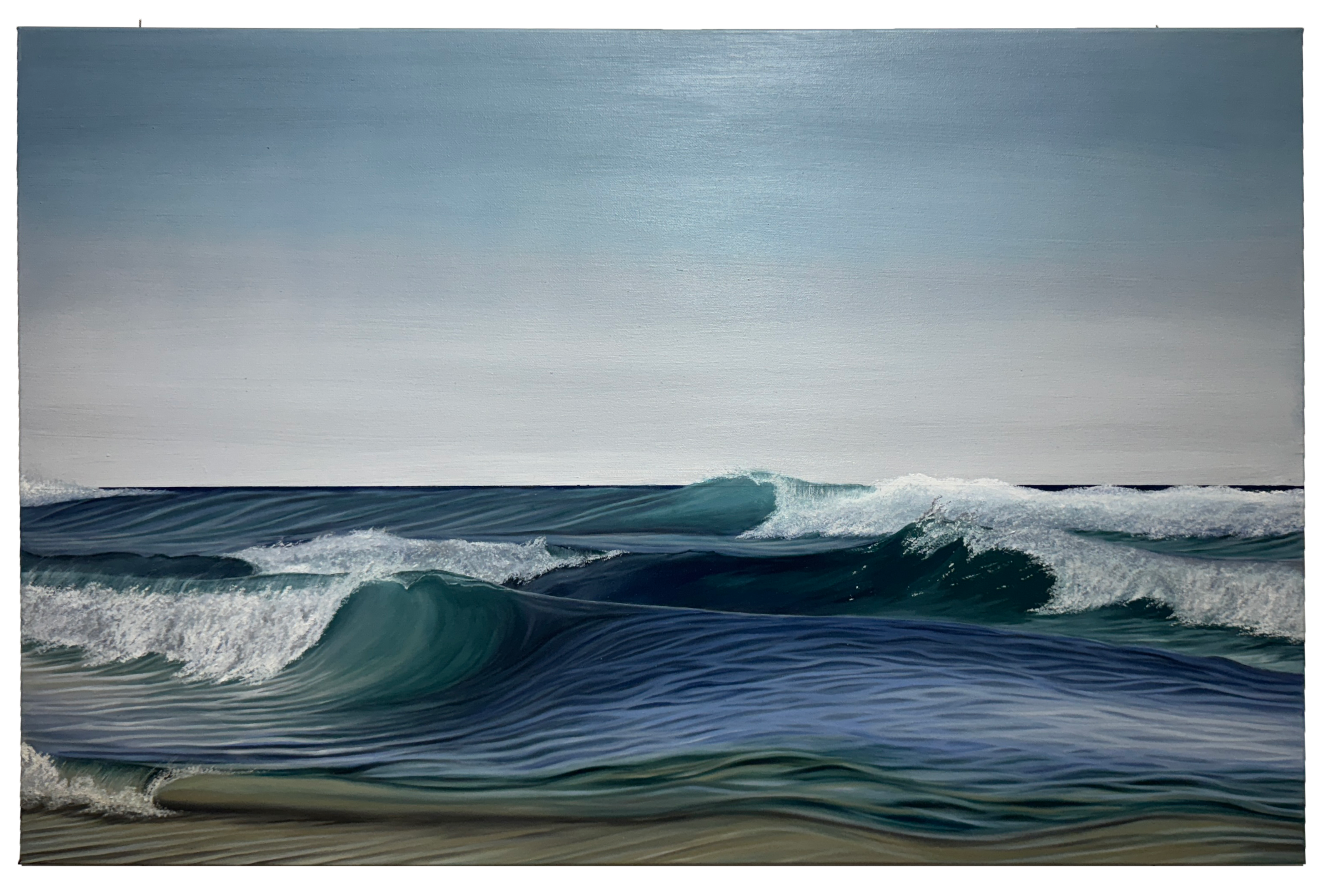 Oil painting of ocean waves crashing against the shore with a blue gradient sky.