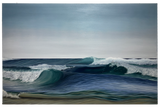 Oil painting of ocean waves crashing against the shore with a blue gradient sky.