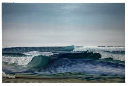 Oil painting of ocean waves crashing against the shore with a blue gradient sky.
