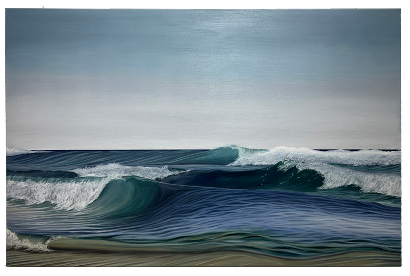Oil painting of ocean waves crashing against the shore with a blue gradient sky.